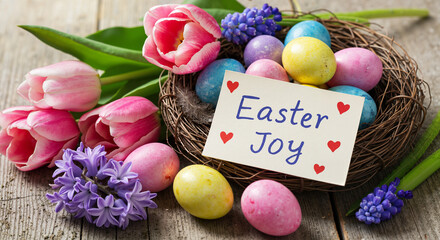 Colorful Easter eggs in nest with tulips and greeting card  