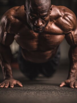 muscular bodybuilder guy doing push ups in gym no logos no brands ar 34