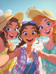 Fototapeta premium three cheerful girls friends in summer clothes taking a selfie at the beach no logos no brands ar 34