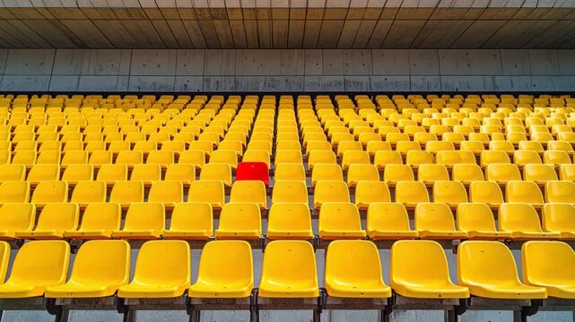 Red stadium seat contrasting with rows of many empty yellow seats.