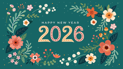 Happy New Year 2026 floral celebration with vibrant flowers