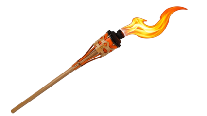 Brightly burning orange torch with decorative handle and flame isolated on a transparent background fire