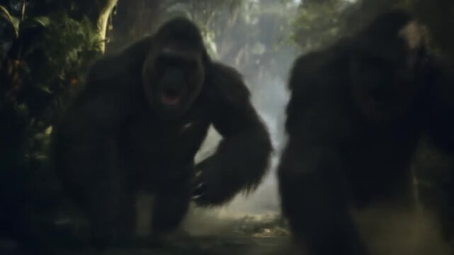 Two colossal jungle apes stride through misty undergrowth, silhouettes blurred by dawn. at twilight