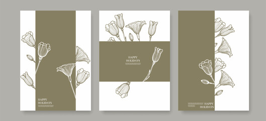 Wedding Invitation Set with Line Art Flowers Vintage Style. Wedding Invitation Template in Minimalist Linear Style with Outline Simple Flowers. Holiday Cards, Greeting Vector Illustration
