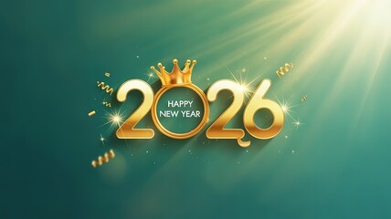 Elegant Gold 2026 New Year Celebration Design with Sparkling Confetti and Crown on Teal Background Ideal for Festive Greetings and Holiday Marketing Materials