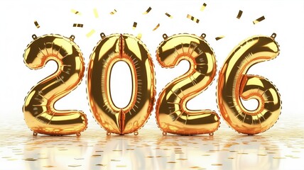 Glittering Gold 2026 New Year Balloons Celebration Design with Festive Confetti on White Background Ideal for Party Invitations and Greeting Cards