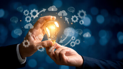 Innovation and Technology Concept Hands Holding Bright Light Bulb with Digital Icons