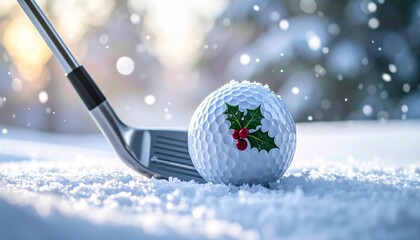 A golf club is about to hit a Christmas-themed golf ball, which looks like a snowball with holly leaves on it. Snow gently falling in the background adds to the cozy winter holiday scene concept