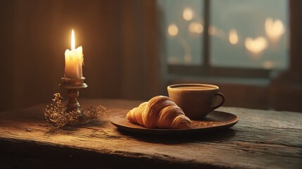 candlelit room croissant and coffee on a wooden table