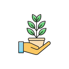 Icon growing tree in hand on white background, flat design. Environmental protection, eco sign for your website