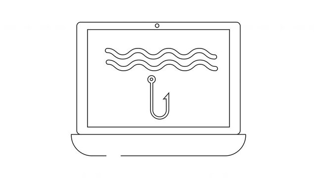 Outlined laptop displays an illustration of waves and a fishing hook