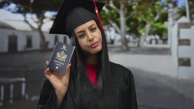 Young woman in graduation gown holding saint lucia passport outdoors under tree-lined street highlighting academic achievement travel readiness