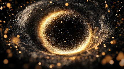 Circle of glittering particles forming an abstract black hole, creating a dynamic, luminous, and mysterious visual effect ideal for digital art, cosmic designs, and futuristic concepts.