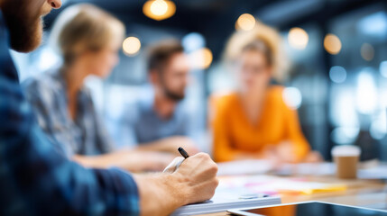 Faceless people in creative meeting collaboration, brainstorming session, team discussion and planning, defocused office environment, professional teamwork, with copy space