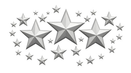Collection of metallic silver stars of various sizes arranged in a circular pattern isolated on a transparent background