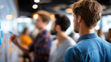 Faceless people in creative meeting collaboration, brainstorming session, team discussion and planning, defocused office environment, professional teamwork, with copy space