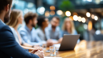 Faceless people in creative meeting collaboration, brainstorming session, team discussion and planning, defocused office environment, professional teamwork, with copy space