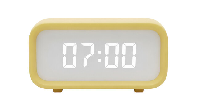 Yellow digital alarm clock showing 07 00 isolated PNG, modern minimalist design for bedroom decor and time management