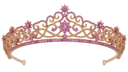Elegant gold tiara with pink gemstones isolated PNG, princess crown for wedding, prom, or costume on transparent background © Hughes