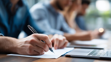 Faceless marketing experts working on new strategies, professional team collaboration, campaign planning session, defocused creative workspace, with copy space