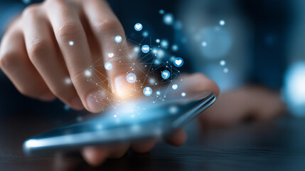 Faceless hand using smartphone with social media concept, mobile technology interaction, digital platform engagement, online connectivity visualization, with copy space