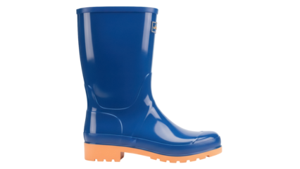 Blue rubber boot isolated PNG on transparent background, waterproof footwear for gardening and outdoor activities, rain boot for protection