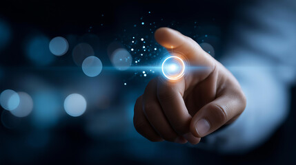 Faceless person pressing button on screen for digital marketing, online internet SEO SEM SMM concept, interactive technology interface, business digital tools, with copy space