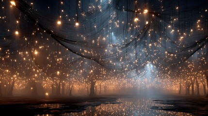 constellation in a dark night sky, where each star is a brightly lit desk lamp, all connected by faint, glowing lines, representing a connected remote workforce 