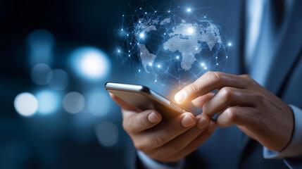 Faceless businessman using mobile smartphone, business global internet connection, application technology digital marketing, financial banking and digital link tech, with copy space