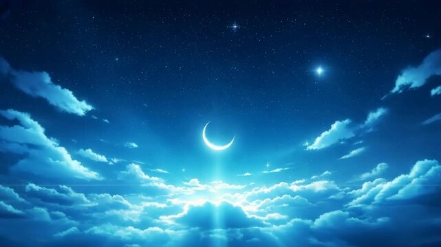 Majestic crescent moon shining brightly in starry night sky with radiant beams