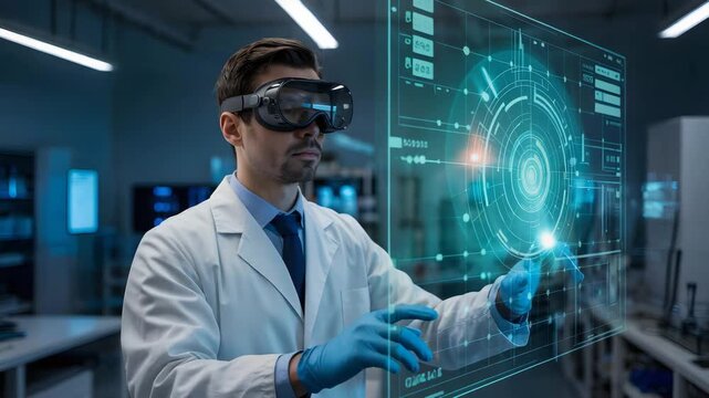 Scientist in lab coat interacting with futuristic virtual interface