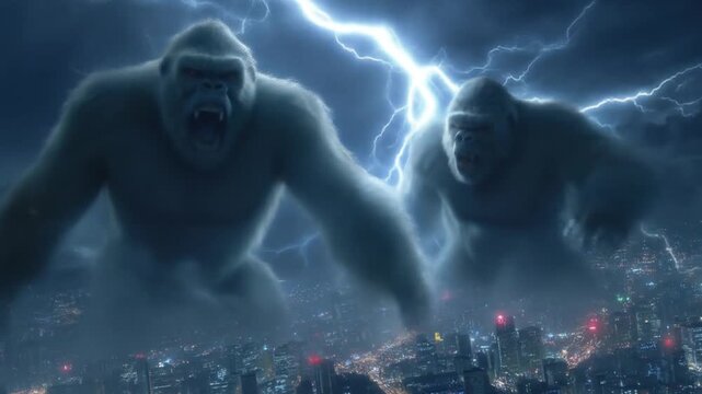 Two colossal, furred giants loom above a neon-lit city as jagged lightning tears the night sky above