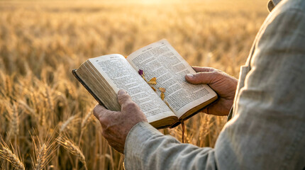 Senior man hands holding open Holy Bible with dried flowers in a golden wheat field