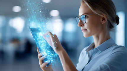 Faceless businesswoman checking electronic documents on virtual screen, document management concept, process automation for paperless operations, digital workflow efficiency, with copy space