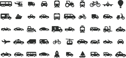 Vehicle transport icon collection featuring car, bus, van, truck, bike, train, plane and boat icons. © MDOMAR