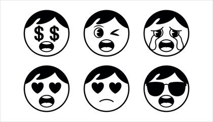 Black and white emoticon faces with various expressions cartoon