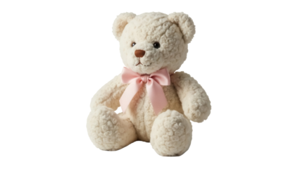 Fluffy teddy bear with pink bow isolated PNG, soft toy for kids and babies on transparent background, cute plush animal