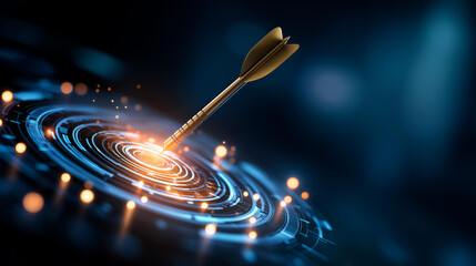 Arrow hitting digital target bullseye, futuristic tech design representing success, precision and accuracy strategy, goal visualization with data, business achievement concept, with copy space