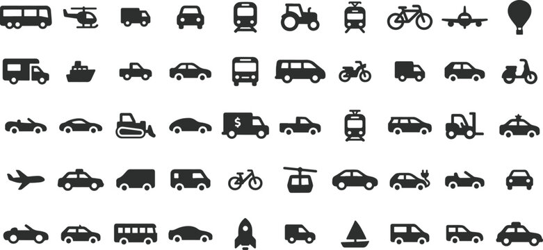 Vehicle transport icon collection featuring car, bus, van, truck, bike, train, plane and boat icons.