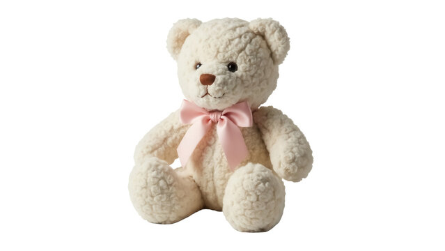 Fluffy teddy bear with pink bow isolated PNG, soft toy for kids and babies on transparent background, cute plush animal