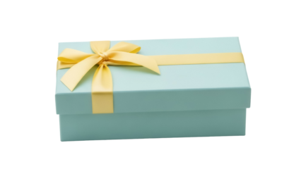 Light blue gift box with yellow ribbon isolated PNG, present for birthday or special occasion on transparent background