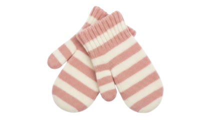 Isolated pair of pink and white knitted striped mittens on neutral backdrop for cold season