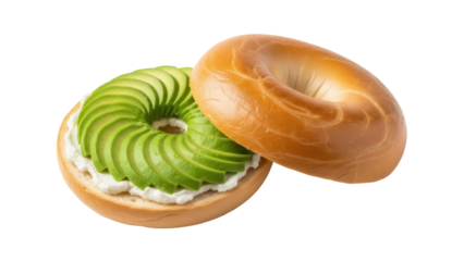 Delicious bagel with cream cheese and avocado isolated PNG, healthy breakfast or brunch option on transparent background