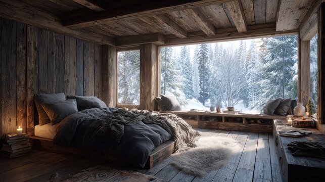 cozy rustic cabin bedroom with snowy forest view  winter retreat and mindful slow living atmosphere