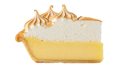 Slice of lemon meringue pie PNG isolated on transparent background, delicious dessert with toasted meringue topping and flaky crust