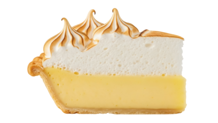 Slice of lemon meringue pie PNG isolated on transparent background, delicious dessert with toasted meringue topping and flaky crust