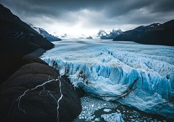 Massive Blue Glacier Crevasses Flowing Between Dark Mountains Under Dramatic Sky