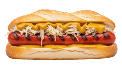 Grilled hot dog with mustard and sauerkraut isolated PNG, classic American fast food on transparent background