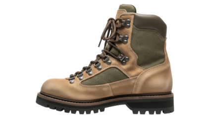 Tan leather hiking boot PNG isolated on transparent background, durable footwear for outdoor adventures and trekking