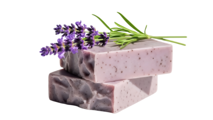 Handmade lavender soap bars isolated PNG, natural skincare product with essential oils for aromatherapy and relaxation on transparent background